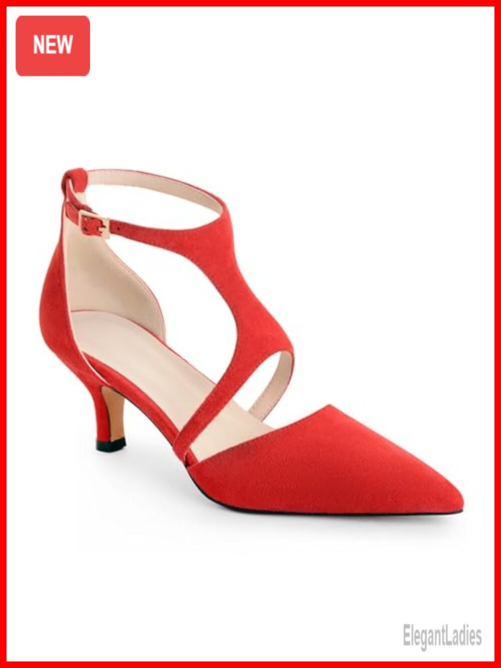 Kitten Heel Dress Pumps Pointed Toe Ankle Strap Faux Suede D'Orsay Heels